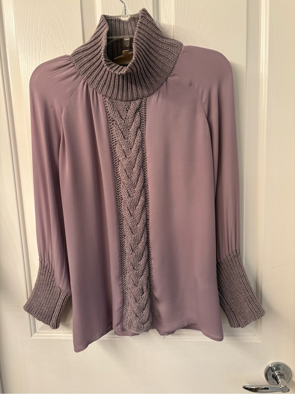 Turtleneck Cable-Front Blouse in Dusty Mauve